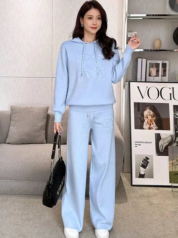 2-Piece Cotton-Blend Casual-Chic Hooded Knit Top + Palazzo Pants Set