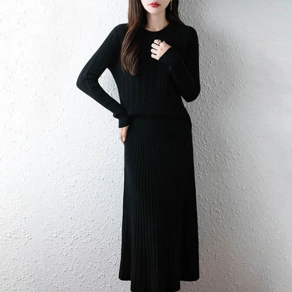 Elegant 100% Merino Wool Pullover Sweater+A-Line MAXI Skirt Set
