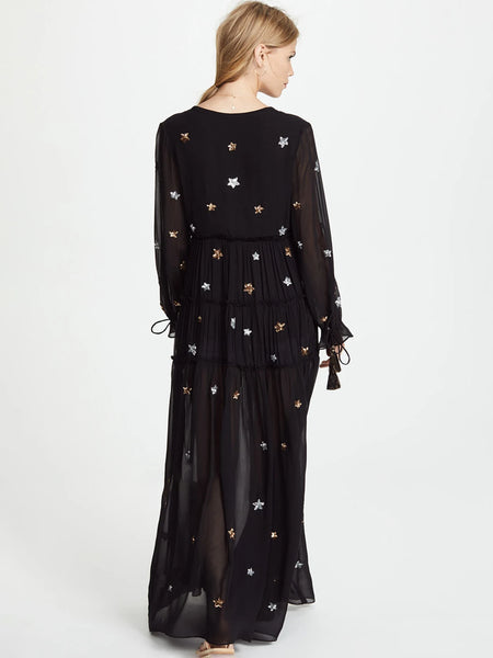 Alluring Breathable 100% Cotton Embroidered V-Neck Bohemian MAXI Dress