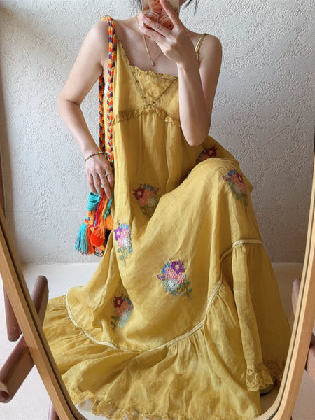 100% Ramie Embroidered A-Line Lace Patchwork MIDI Dress
