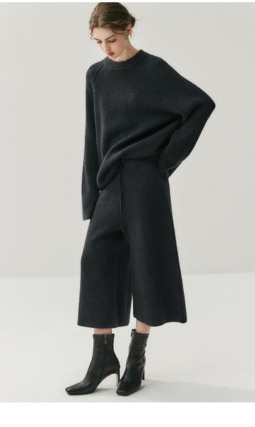 3 Piece 100% Cashmere British Minimalist Sweater+Palazzo Pants+Hat Set