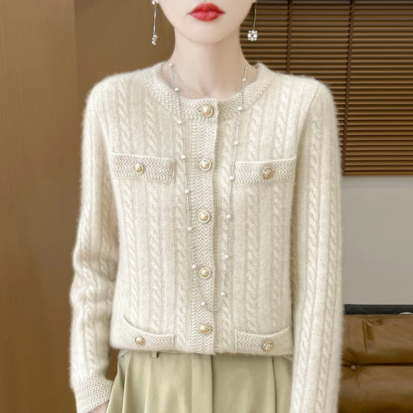 100% Merino Wool Buttoned Chanel Style Cable Knit Cardigan