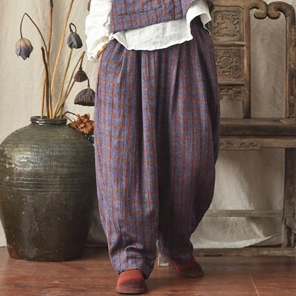 Vintage Breathable Cotton Linen All Season Plaid Pants