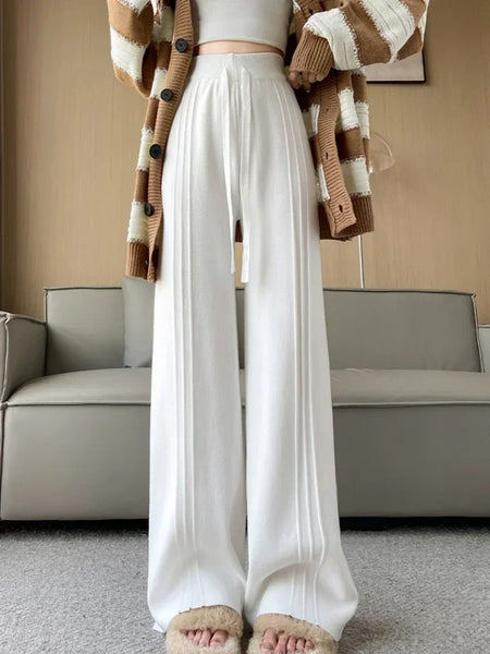 Wool-Blend Pleated Thick- Knit Palazzo Pants