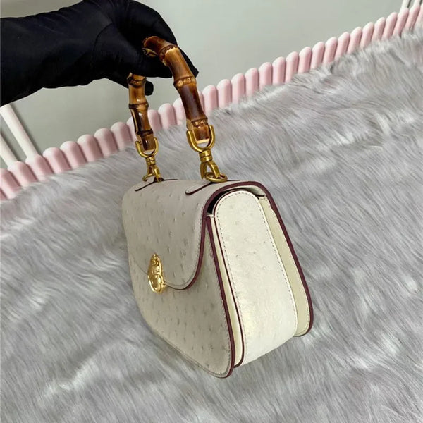 Elegant 100% Ostrich Skin Saddle-Style Bamboo Top Handle Bag