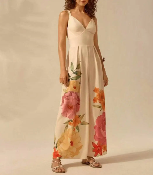 Simple Playful English Style V-Neck Palazzo Jumpsuit