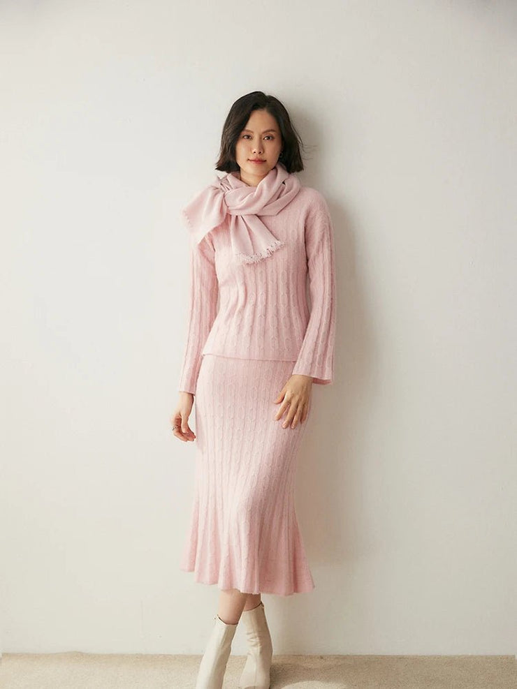 100%*Alxa Cashmere Pullover Sweater+Pleated Autumn Winter MIDI Skirt Set