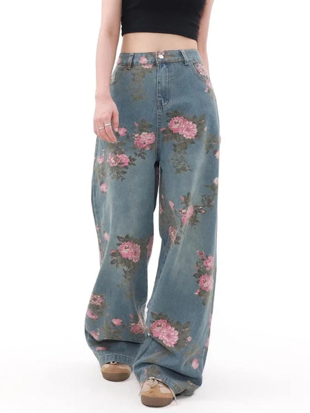 Funky Retro Rose-Patterned Mid-Waisted Palazzo Jeans