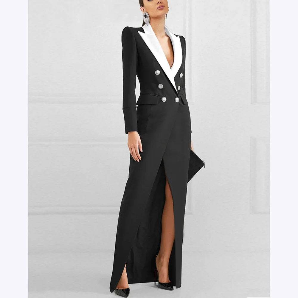 Sexy Elegant Cotton Blend Front Split Double Breasted MAXI Coat Dress