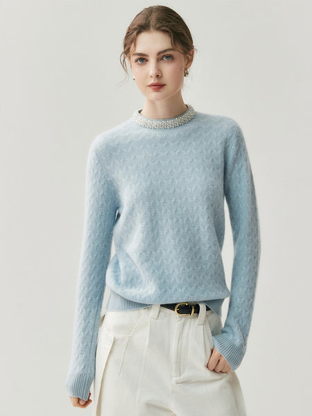 Classic French Minimalist 100% Cashmere Beaded Cable Knit Sweater