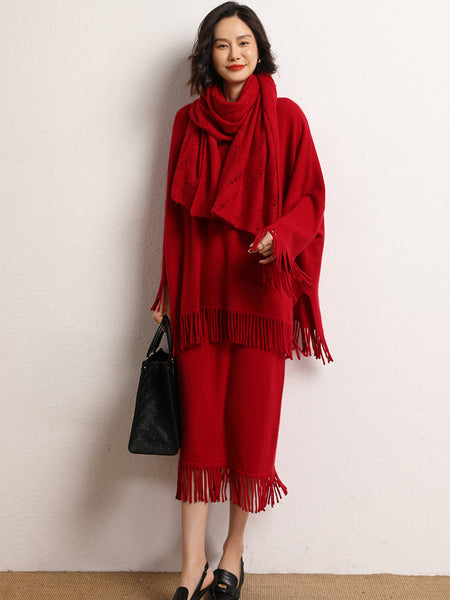 Roomy 2 Piece 100% Cashmere Tasseled Bohemian Sweater+MIDI Skirt Set