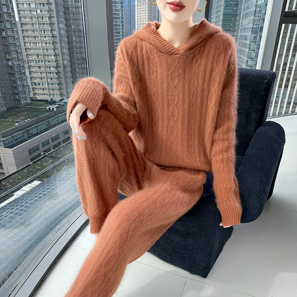 Super Thick Warm 2 Piece 100% Wool Hoodie+Pencil Pants Set