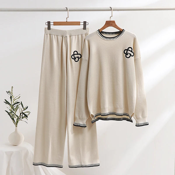 Elegant Embroidered Cotton Blend 2-Piece Sweater + Palazzo Knit Set