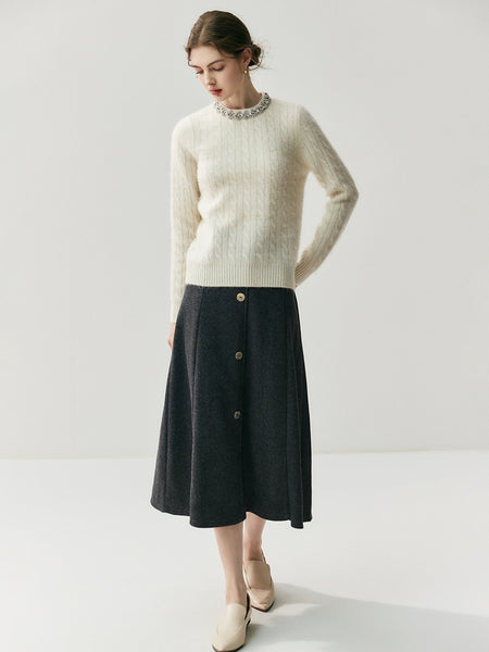 Bejeweled 100% Cashmere Cable Knit Grace Kelly Style Pullover Sweater