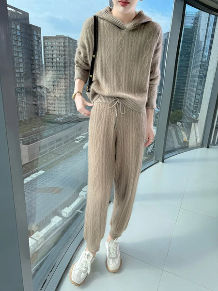 Super Thick Warm 2 Piece 100% Wool Hoodie+Pencil Pants Set
