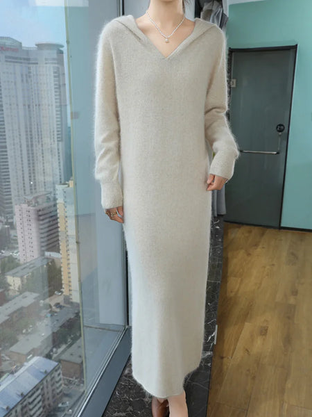 100% Mink Cashmere Hooded Knit Pullover Winter MAXI Sweater Dress