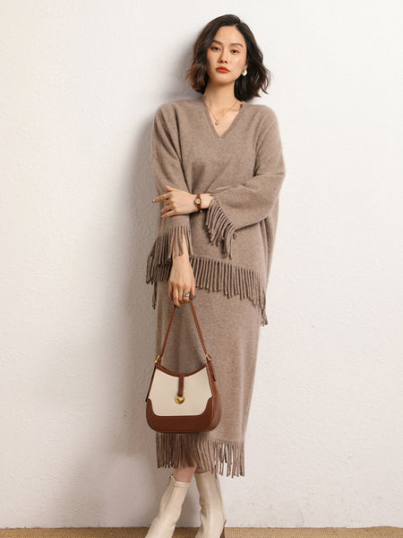 Roomy 2 Piece 100% Cashmere Tasseled Bohemian Sweater+MIDI Skirt Set