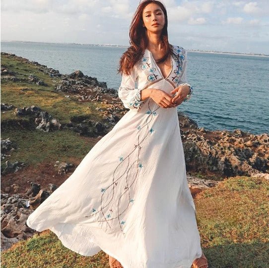 Classic Cotton V - Neck Lantern - Sleeved A - Line Bohemian MAXI Dress - Wigging It Etc