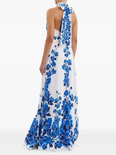 Elegant Vintage Cotton Blend A-Line MAXI Halter Dress