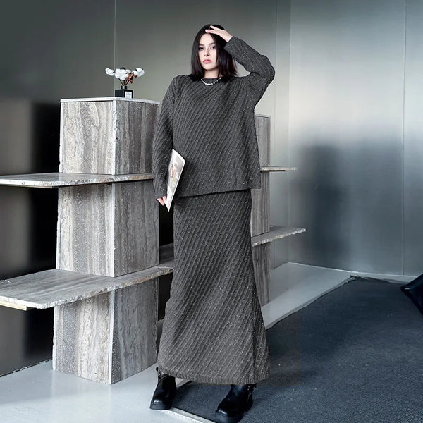 2 Piece Cotton Blend Oversized Pullover Sweater+MAXI Skirt Set