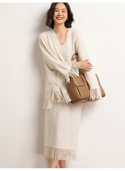 Roomy 2 Piece 100% Cashmere Tasseled Bohemian Sweater+MIDI Skirt Set