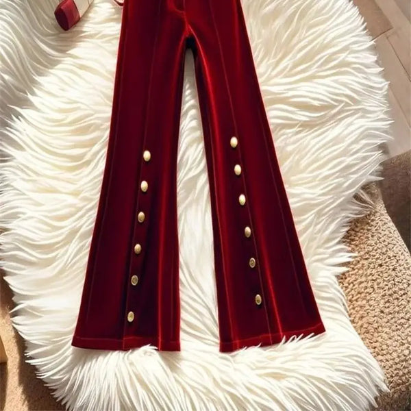 Cotton Blend High-Waisted Retro Flared Winter Velvet Pants
