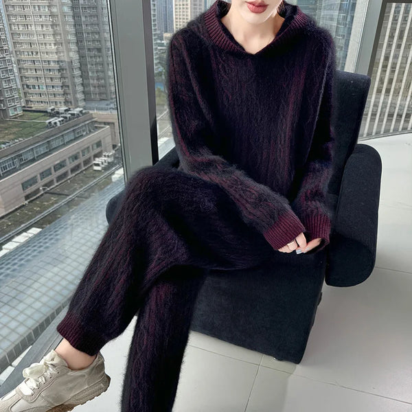 Super Thick Warm 2 Piece 100% Wool Hoodie+Pencil Pants Set