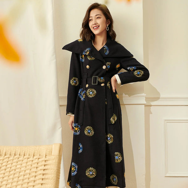 English Style Double Breasted Wool+ Cotton Blend Embroidered Winter Coat