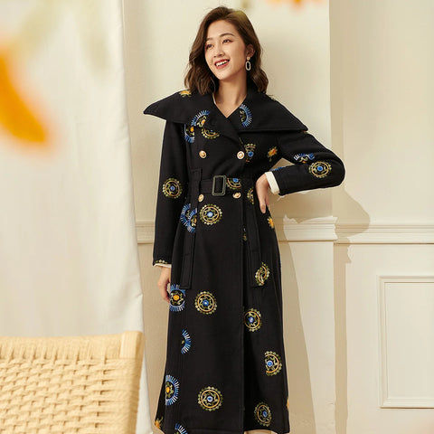 English Style Double Breasted Wool+ Cotton Blend Embroidered Winter Coat