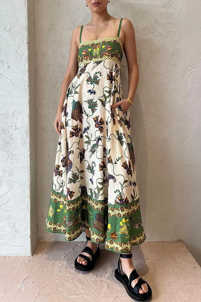 100% Linen A-Line Retro Floral Print Maxi Sundress