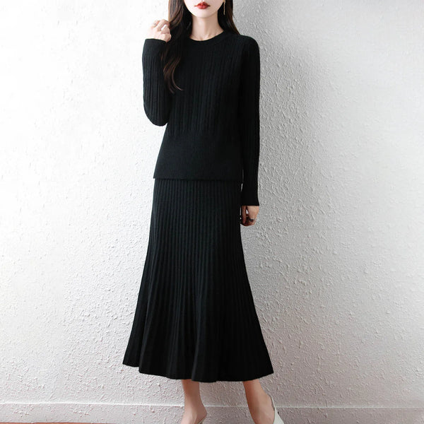 Elegant 100% Merino Wool Pullover Sweater+A-Line MAXI Skirt Set