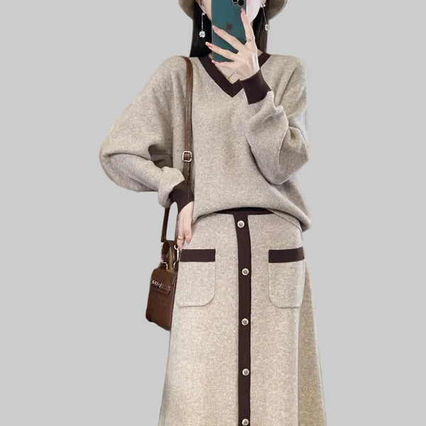 100% Merino Wool 2 Piece Color Block Sweater+ MAXI Skirt Set