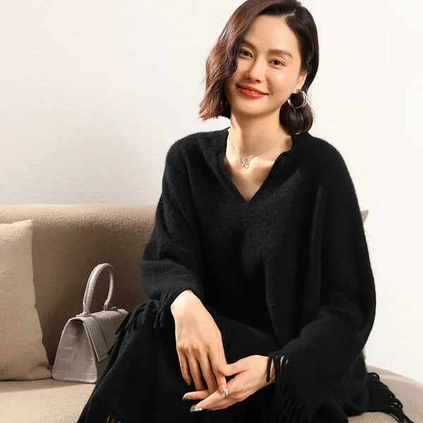 Roomy 2 Piece 100% Cashmere Tasseled Bohemian Sweater+MIDI Skirt Set