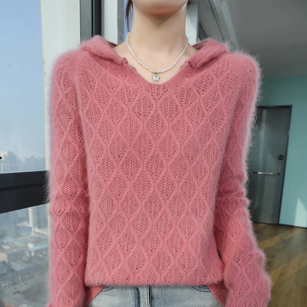 Thick Warm 100% Mink Cashmere Hooded Pullover Autumn Winter Sweater