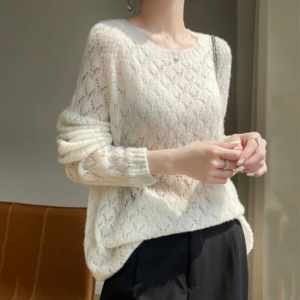 Premium Quality Cashmere+Mulberry Silk Blended Hollowed Baggy Sweater