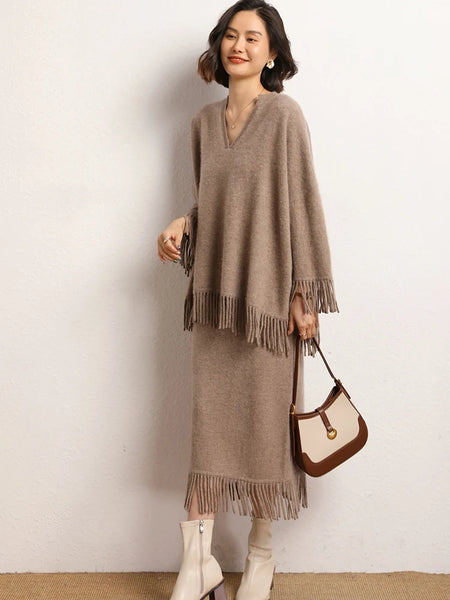 Roomy 2 Piece 100% Cashmere Tasseled Bohemian Sweater+MIDI Skirt Set