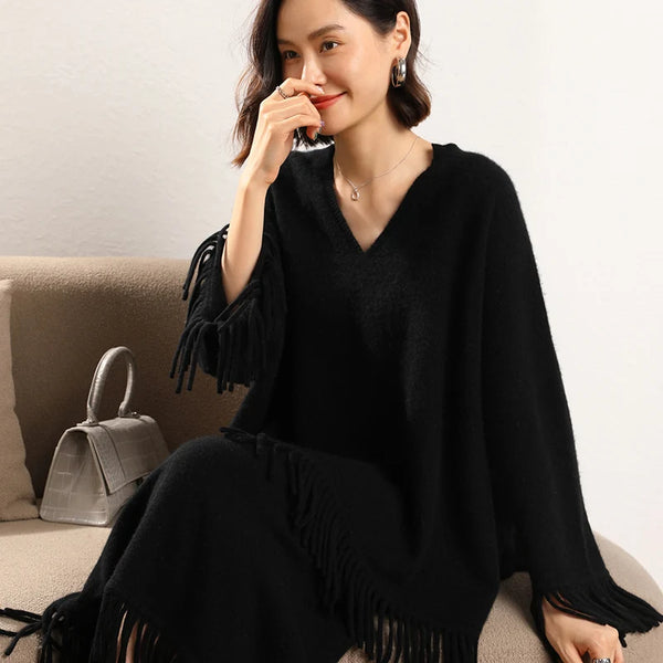 Roomy 2 Piece 100% Cashmere Tasseled Bohemian Sweater+MIDI Skirt Set