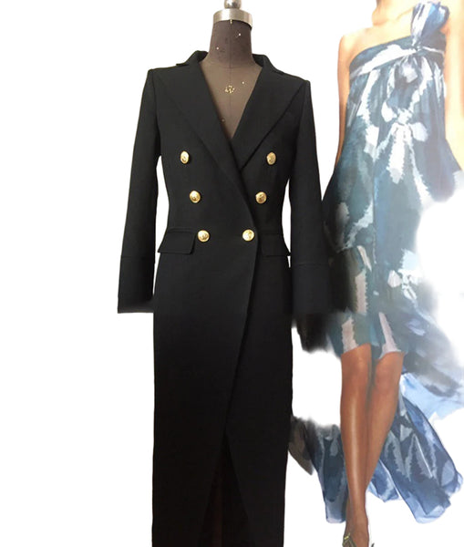 Sexy Sophisticated Cotton Blend Notched Front Split MAXI Coat Dress