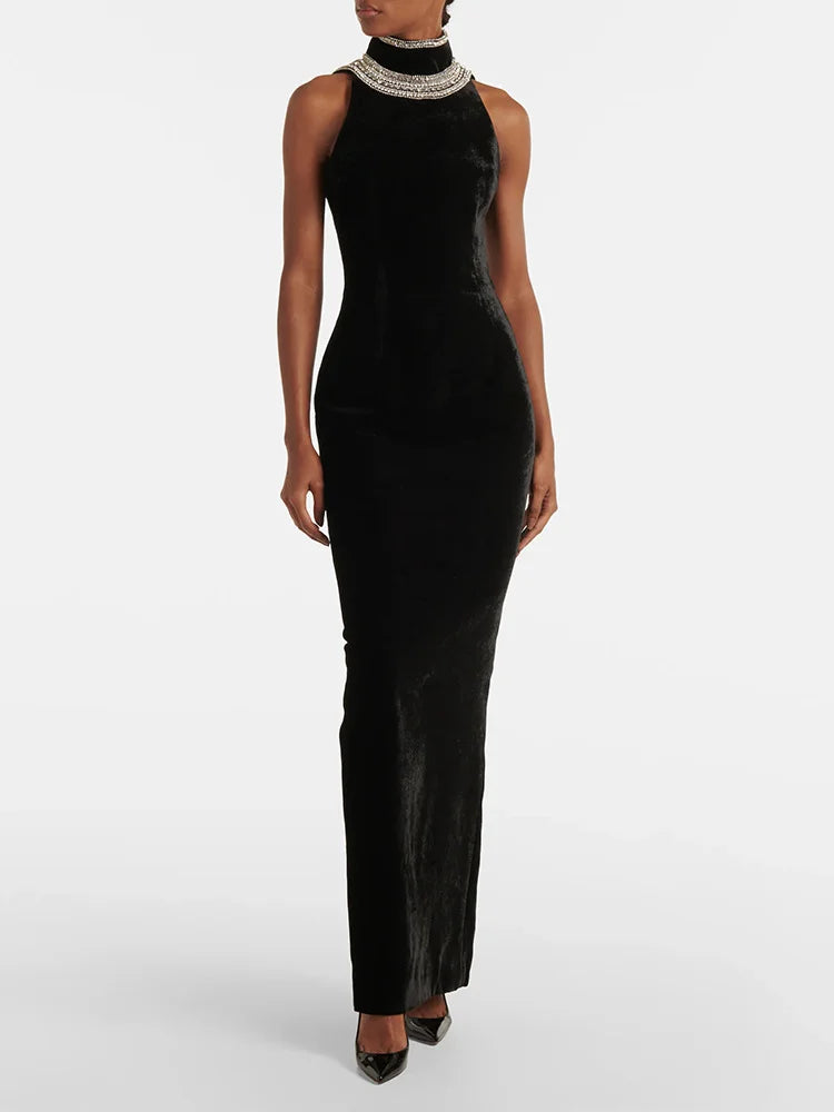 Sexy Exquisitely Beaded Classic Halterneck Velvet MAXI Dress
