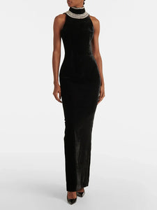 Sexy Exquisitely Beaded Classic Halterneck Velvet MAXI Dress