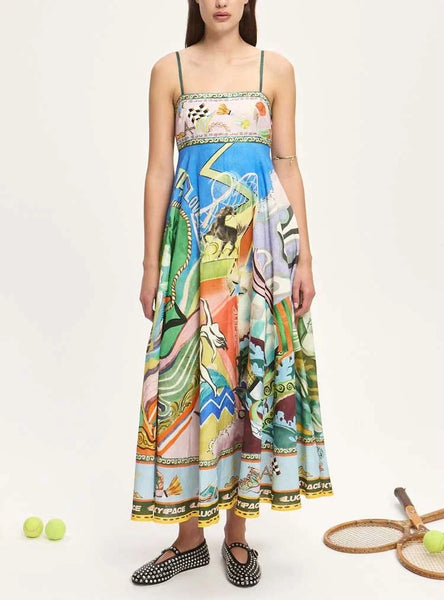 100% Linen A-Line Retro Floral Print Maxi Sundress