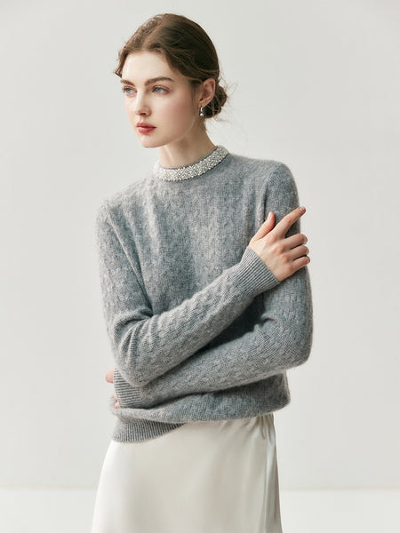 Classic French Minimalist 100% Cashmere Beaded Cable Knit Sweater