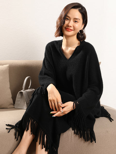 Roomy 2 Piece 100% Cashmere Tasseled Bohemian Sweater+MIDI Skirt Set