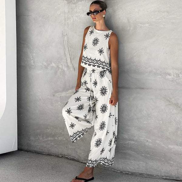2 Piece Cotton Linen Print Tank Top+Palazzo Pants Set