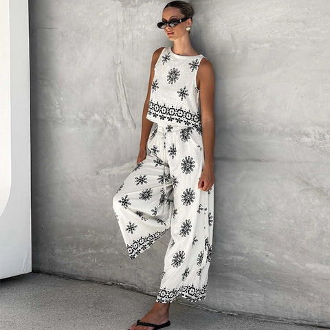 2 Piece Cotton Linen Print Tank Top+Palazzo Pants Set
