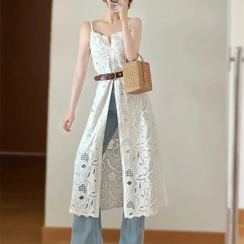 Sexy Vintage Cotton Blend Lace MIDI Camisole Dress