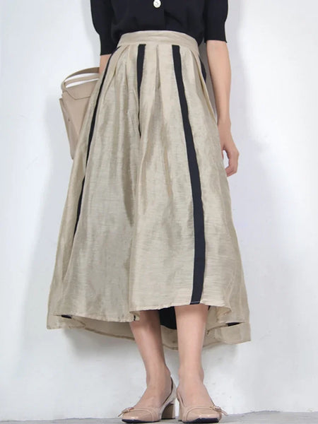 Elegant French Style Pleated A-Line MIDI Linen Blend Skirt
