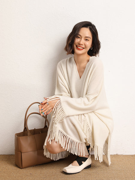 Roomy 2 Piece 100% Cashmere Tasseled Bohemian Sweater+MIDI Skirt Set