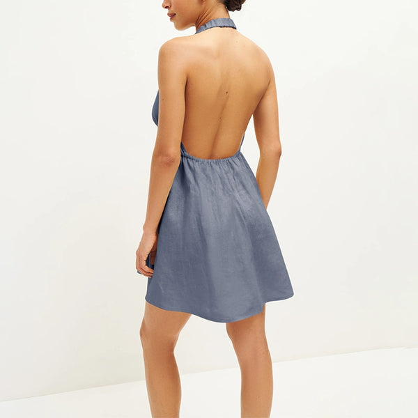 Sexy Backless Linen MINI Halter Dress