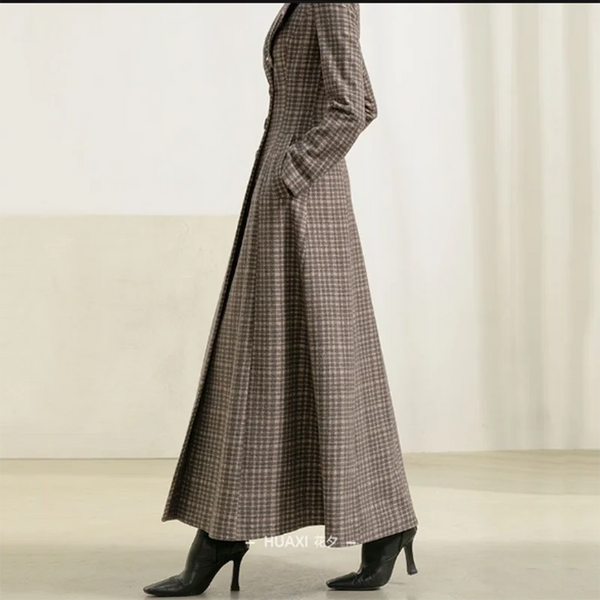 Sleek Uptown Retro A-Line Single Breasted English Plaid MAXI Overcoat 